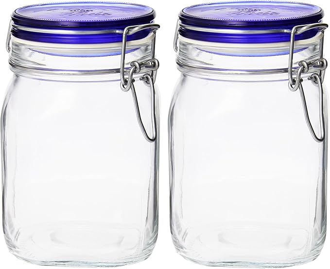 Bormioli Rocco Fido Collection, 2 Pack, 33¾ Oz. Food Storage Glass Jars, Airtight Rubber Seal & Glass Lid, With Stainless Wire Clamp, Made In Italy.