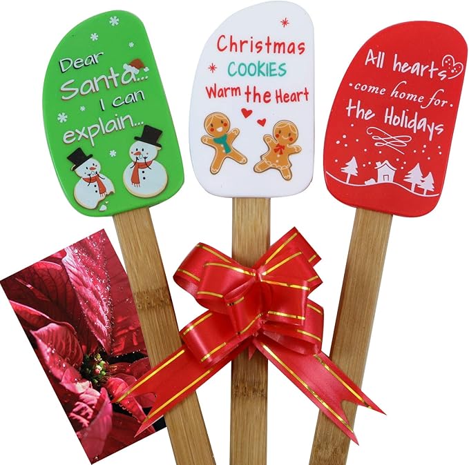 3 Piece Christmas Silicone Spatula Set with lovely bow and gift card. Easy clean, durable, high temperature and stain resistant with bamboo handles.