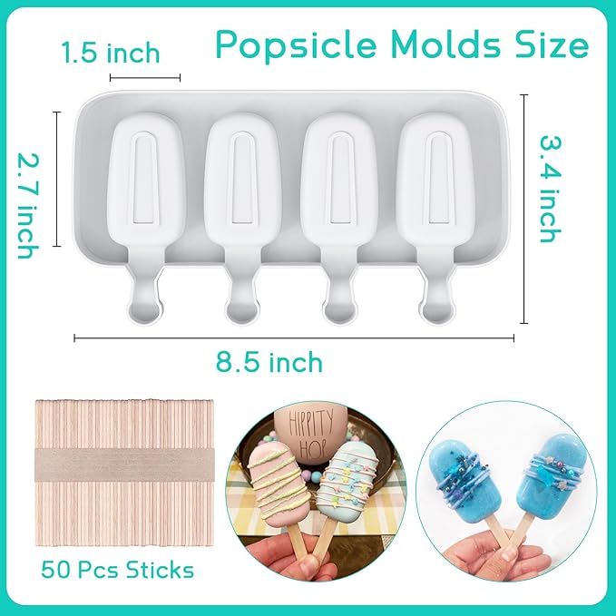 Ouddy Life Popsicle Molds Set of 2, Ice Pop Molds Silicone 4 Cavities Ice Cream Oval Cake Pop Mold with 50 Wooden Sticks for DIY Popsicle, Clear