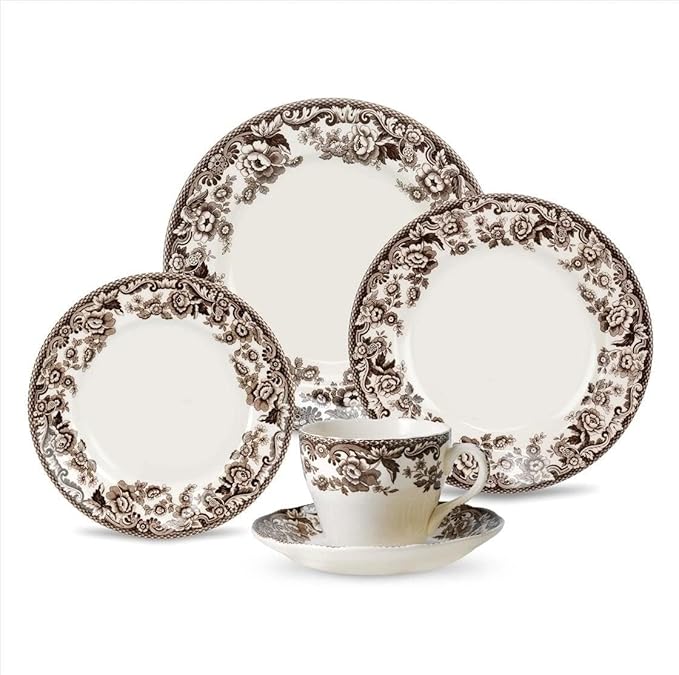 Spode Delamere 5-Piece Place Setting – Rich Brown British Flowers Border, Includes Dinner, Salad, Bread Plates with Teacup & Saucer – Fine Earthenware, Dishwasher, Microwave, Oven & Freezer Safe