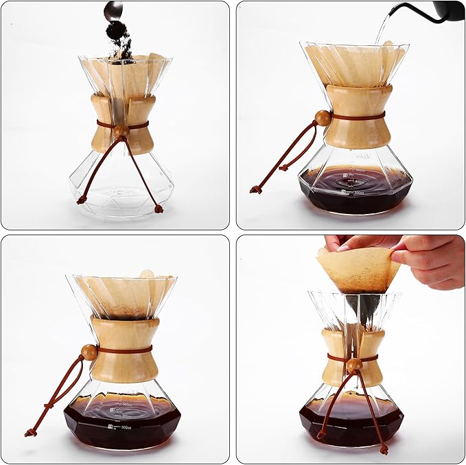 Pour Over Coffee Maker, 19 oz Borosilicate Glass Coffee Carafe with 100 PCS V60 Paper Filter, Wooden Collar & Cowhide rope, Glass Coffee dripper (Clear, 550 ml)