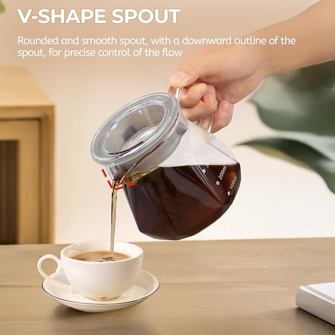 Pour Over Coffee Maker 400ml Borosilicate Glass Drip Coffeemaker Server Set with 50pcs V60 Cone Paper Filters Walnut Collar Glass Lid Clear Hand Brew Dripper Carafe for Home Camping Travel 13.53oz