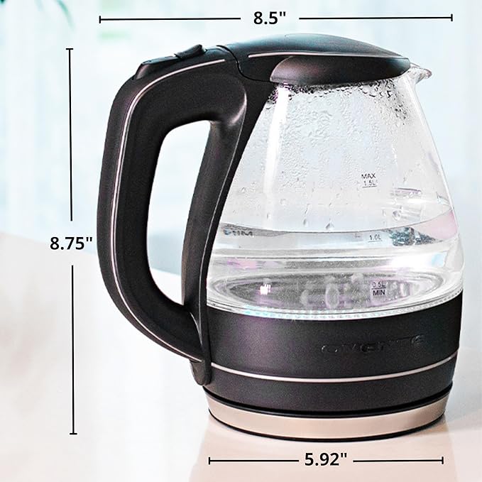 OVENTE Electric Kettle, 1.5L Borosilicate Glass Countertop Water Heater and Boiler for Coffee or Tea, BPA-Free, Auto Shut-Off, Boil-Dry Protection, Removable and Washable Spout Filter, Black KG83B