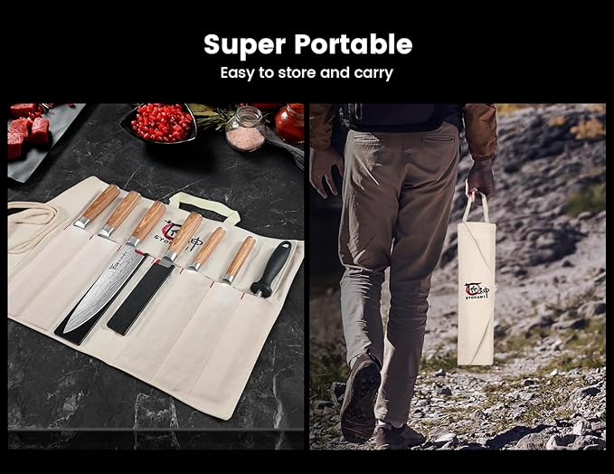 14pcs Chef Knife Set with Roll Bag, Professional Stainless Steel Japanese Knife Set with Pakkawood Handle for Professional Chef, Camping, Travel, BBQ, RV or Gift Beige