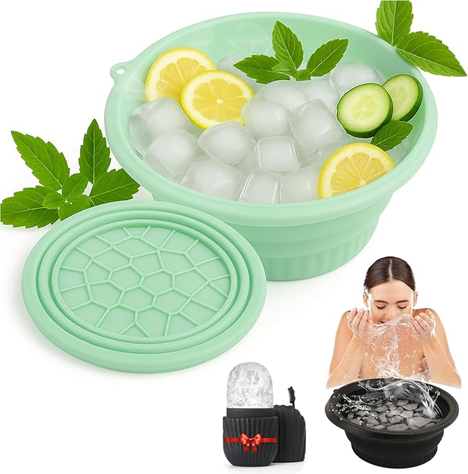 Face Bowl for Ice With Built-in Ice Tray, Collapsible Silicone Ice-Bath Face Bowl, Small Reusable Face-Ice Plunge Bowls, Perfect for Home Use, Camping, Travel (Green)