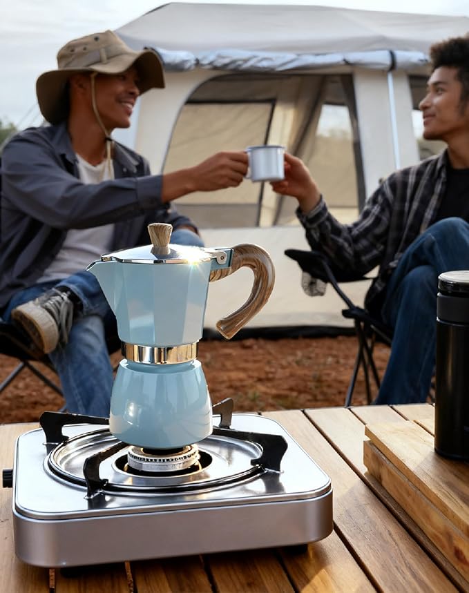 AGOGO Milano Moka Pot, Stovetop Espresso Maker, Greca, Coffee Percolator, Turkish Coffee Maker with Paper Filter 6 Cup Lake Blue