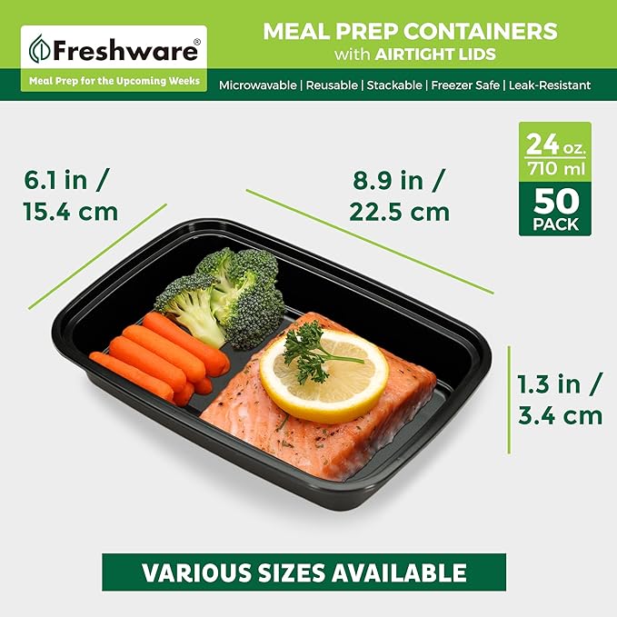 Freshware Meal Prep Containers [300 Pack] 1 Compartment with Lids, Food Storage Containers, Bento Box, BPA Free, Stackable, Microwave/Dishwasher/Freezer Safe (24 oz)