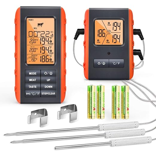 Wireless Meat Thermometer for Grilling Smoking - Kitchen Food Cooking Candy Thermometer with 3 Probes - Monitor Ambient Temperature Inside The Grill Smoker BBQ Oven Thermometer, 490ft,Digital