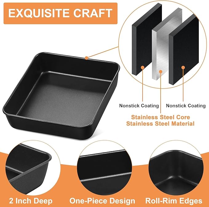 E-far 8 Inch Square Cake Pan Set of 2, Nonstick 8x8 Baking Pan with Stainless Steel Core, Black Metal Bakeware for Brownies Lasagna Cakes, Non-toxic & Easy Clean, 2 Inch Deep