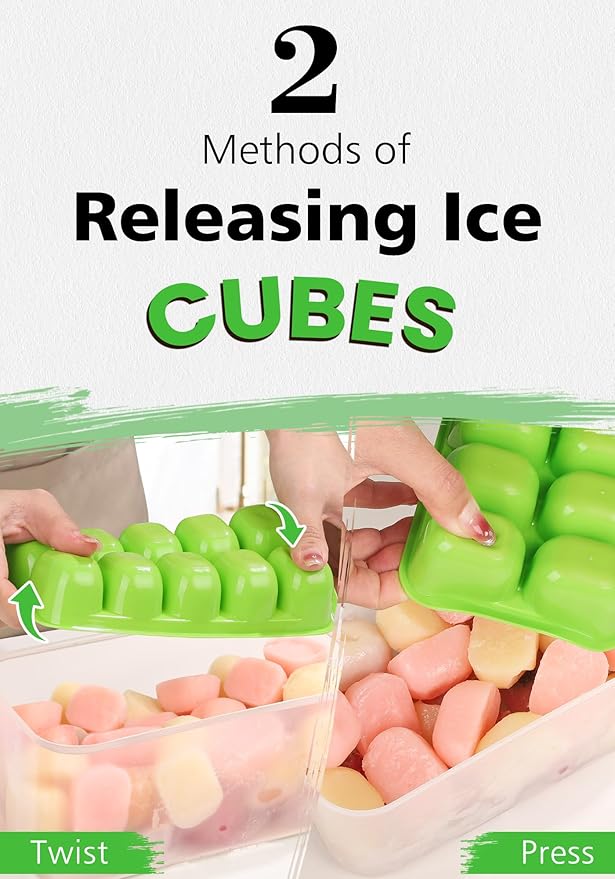 DOQAUS Ice Cube Tray with Lid and Bin, 4 Pack Easy Pop Out Silicone Ices Cubes Trays for Freezer with Cover, Stackable Compact Ice Bucket Kits, for Soup, Food, Cocktail, Coffee