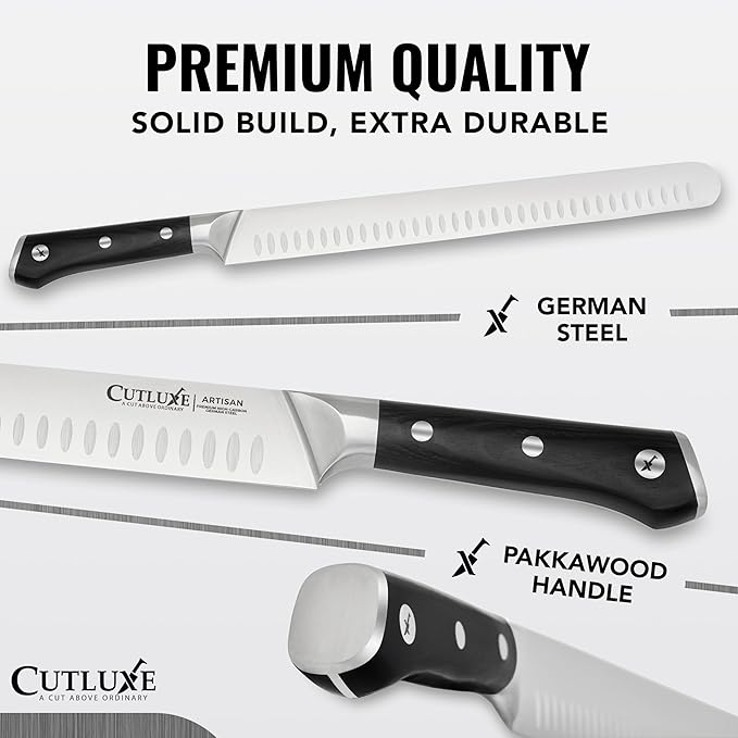 Cutluxe Brisket Knife – 12" Carving & Slicing Knife for Meat & BBQ – Razor Sharp German Steel, Sheath Included, Ergonomic Full Tang Handle Design – Artisan Series