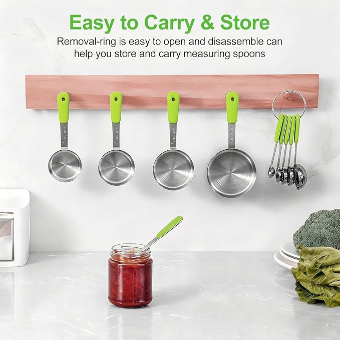 Measuring Cups and Spoons Set, Stainless Steel 10 Piece for Cooking and Baking (5 Cups + 5 Spoons, Green Handle)
