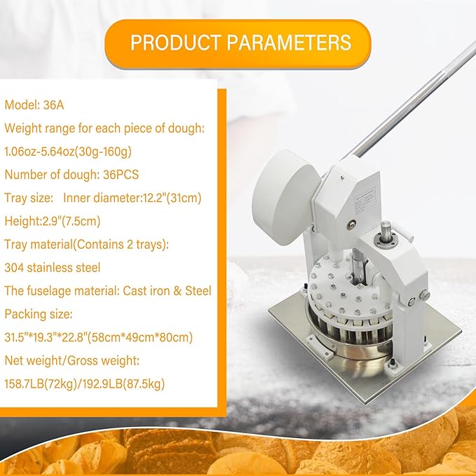 Manual Dough Divider 36pcs Bread Cutting Machine 1.06oz-5.64oz(30g-160g) Equal Dough Lump Spacer Table Top Cookie Fillings Piece Cutter with 2 Stainless Steel Basin for Bakery