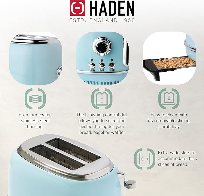 Haden Heritage 1.7 Liter Stainless Steel Electric Tea Kettle with Heritage 2 Slice Wide Slot Stainless Steel Bread Toaster, Turquoise