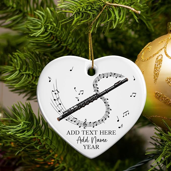 Personalized Flute Player Ceramic Ornament with Text Name & Year, Custom Flutist Christmas Tree Ornament, Flute Musical Instrument Xmas Ornaments 2025, Gift for Music Lover Student Friend