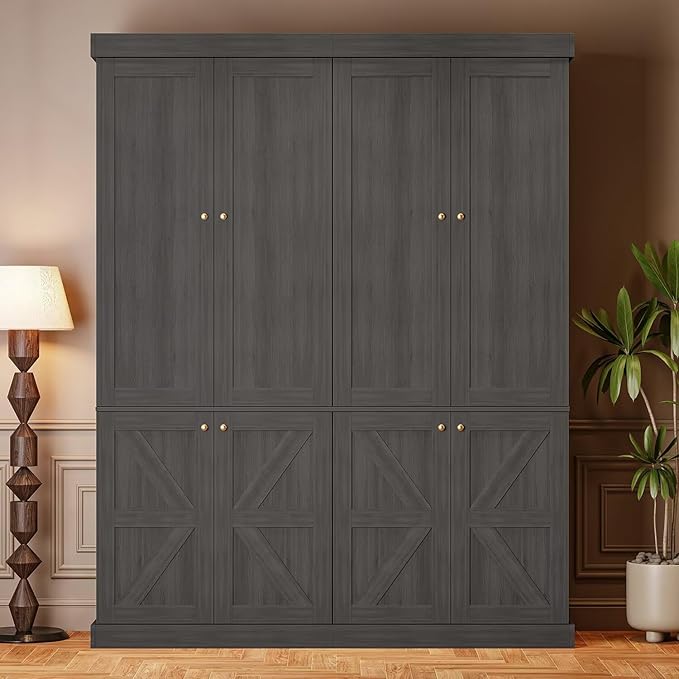 70.8" Tall Bookshelf with Doors, Farmhouse Modular Bookcase with 4-Tier Adjustable Shelves, Large Storage Cabinet for Home Office, Living Room, Black, Set of 4