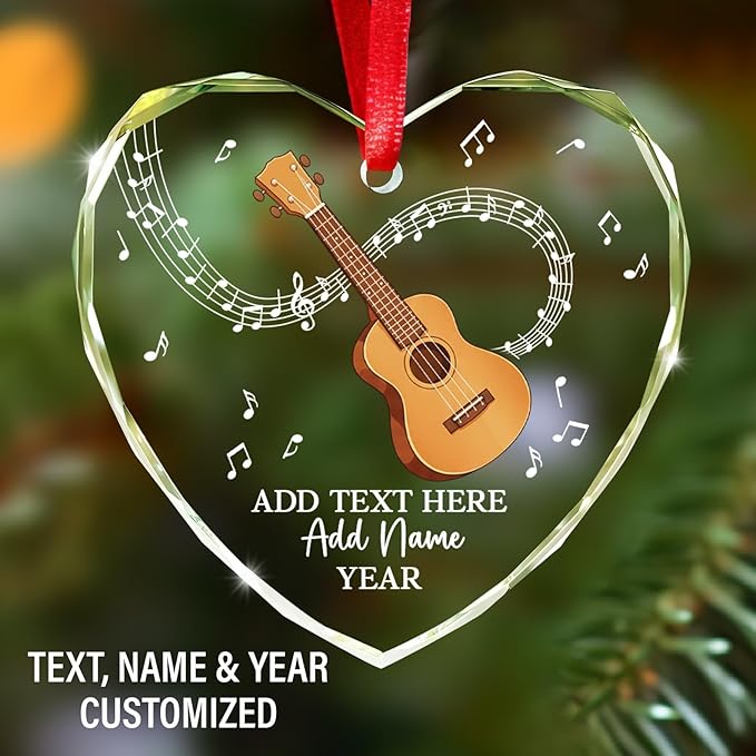 Personalized Ukulele Glass Ornament with Text Name Year, Ukulele Instrument Christmas Tree Ornament, Customized Musical Instrument Christmas Ornaments 2025, Gift for Men Women Music Lover