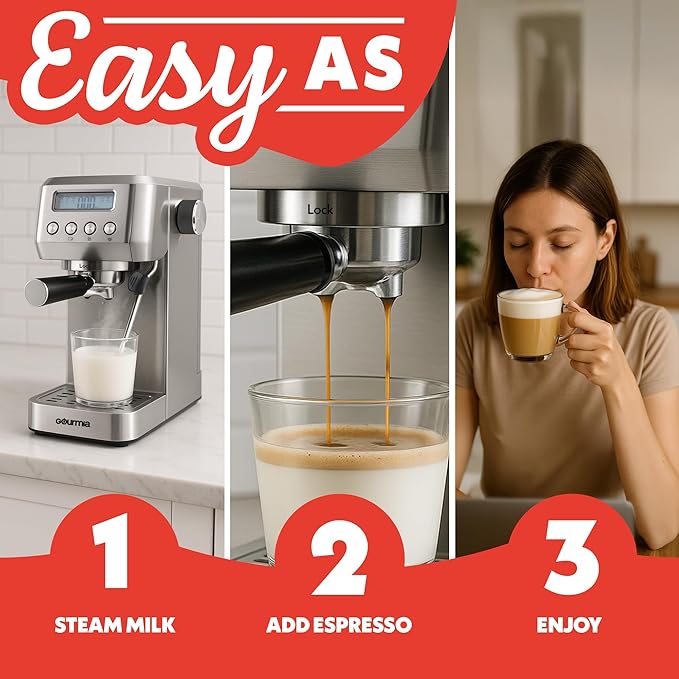 Gourmia Slim Espresso Machine – 20-Bar Pump, LCD Display, Milk Frother, Adjustable Temperature, Manual & Auto Brew for Single/Double Shots, 1350W, Stainless Steel