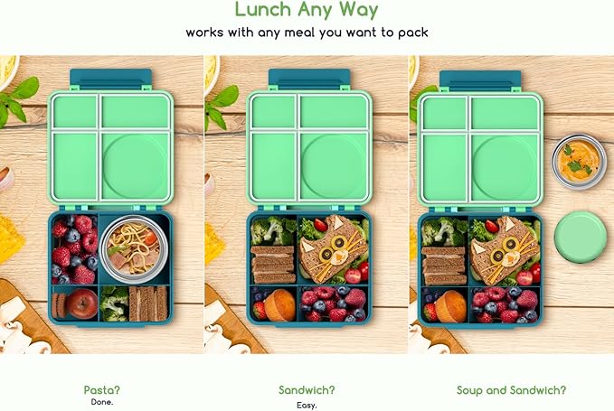 Bento Box for Kids - Leak-Proof Bento Lunch Box with Insulated Thermos Food Jar - 4 Compartments, 1 Removable Divider, 1Spoon, 1 Fork - Dishwasher Safe, BPA-Free (Green)