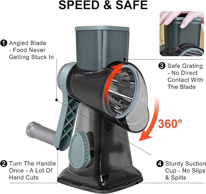 Kaishun Cheese Grater Rotary Grater Sredder Stainless Steel with Vacuum Suction Base Madonline Multi Functional Kitchen Tool Perfect for Easy Shredding and Slicing ((Clear) BlackCyan)