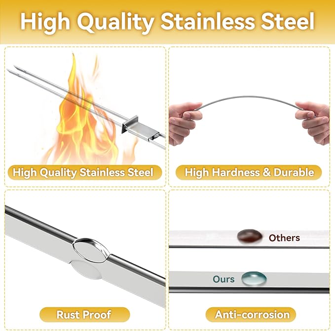 Metal Skewers for Kabobs - 17" 10 Pack Kabob Skewers with Push Bar Double Pronged Anti-Roll Flat BBQ Skewer for Grilling Stainless Steel Reusable Kebab Skewer for Meat Shrimp Chicken Veggie