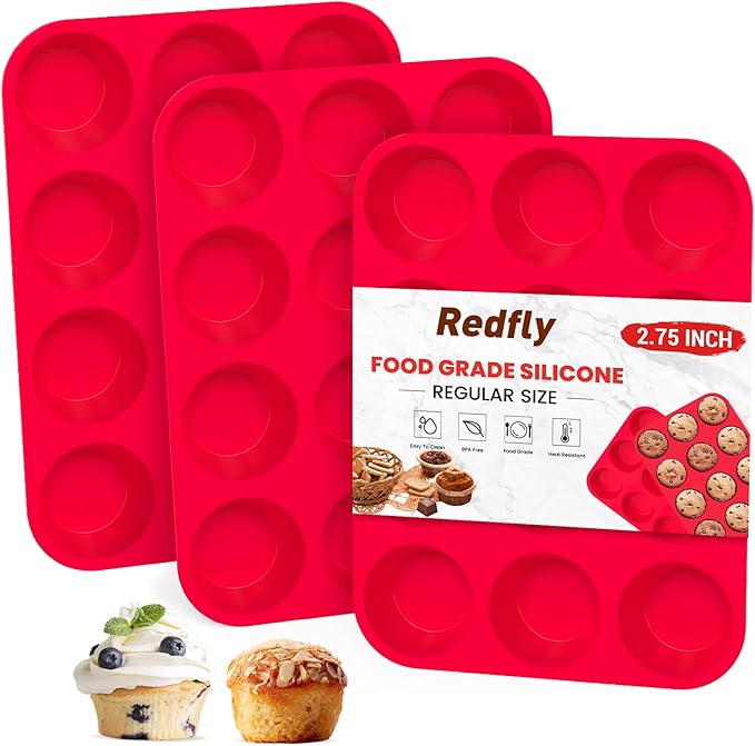 Redfly 3 Pack Silicone Muffin Pan & Cupcake Pans for Baking - 12 Cup Regular Size BPA Free Egg Bites Molds