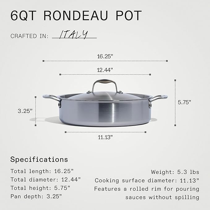 Made In Cookware - 6 Quart Stainless Steel Rondeau Pot w/Lid - 5 Ply Stainless Clad - Professional Cookware - Crafted in Italy - Induction Compatible