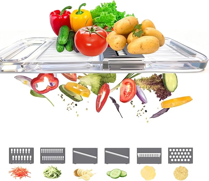 Multifunctional Handheld Mandoline Slicer for Kitchen – Sharp Vegetable Cutter with Safety Guard, 6‑in‑1 Cucumber Slicer & Grater, Crystal-Clear One-Piece Body, Easy to Clean, Sturdy & Compact