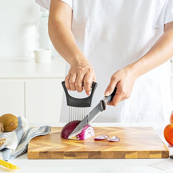Onion Holder for Slicing - Stainless Steel Onion Slicer & Vegetable Holder Cutting Tool for Onions, Tomatoes, Avocados, Eggs, Lemon, Potatos | Multi-Use Kitchen Utensil
