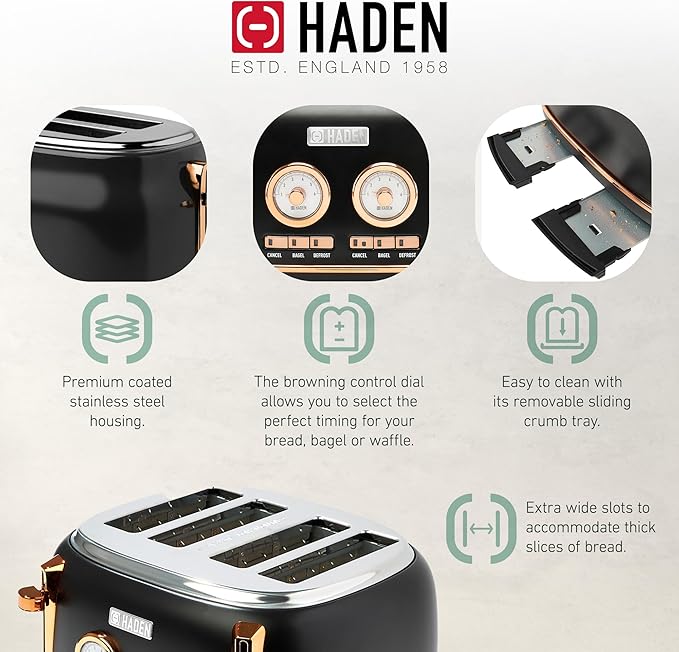 Haden Dorset 1.7 Liter Stainless Steel Electric Kettle with 360-Degree Base Bundled with 4 Slice Wide Slot Stainless Steel Toaster, Black & Copper