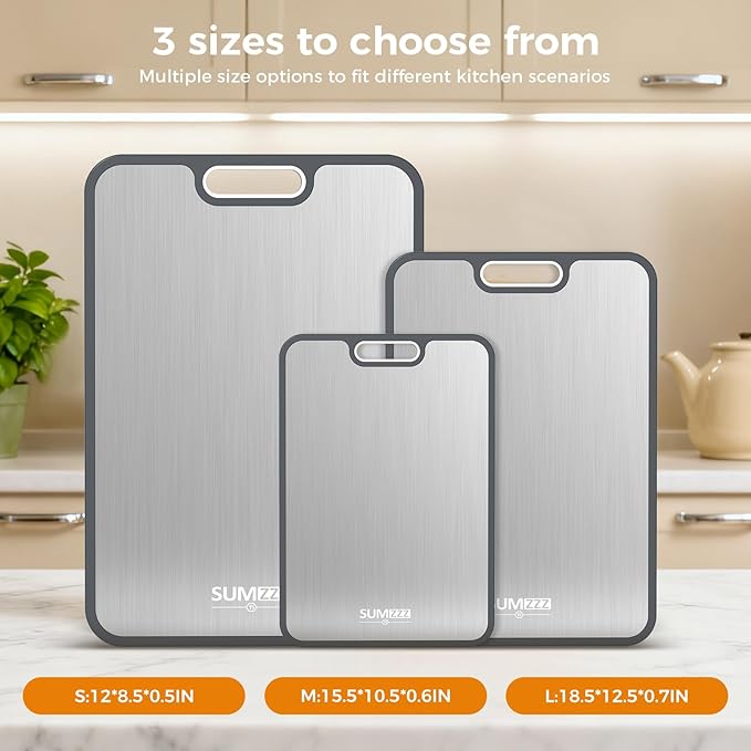 Titanium Cutting Board for Kitchen, Cutting Board Double Sided Food Grade, Pure Titanium/PP, Easy to Clean[18”*12.5”+15.5”*10.5”+12”*8.5”]