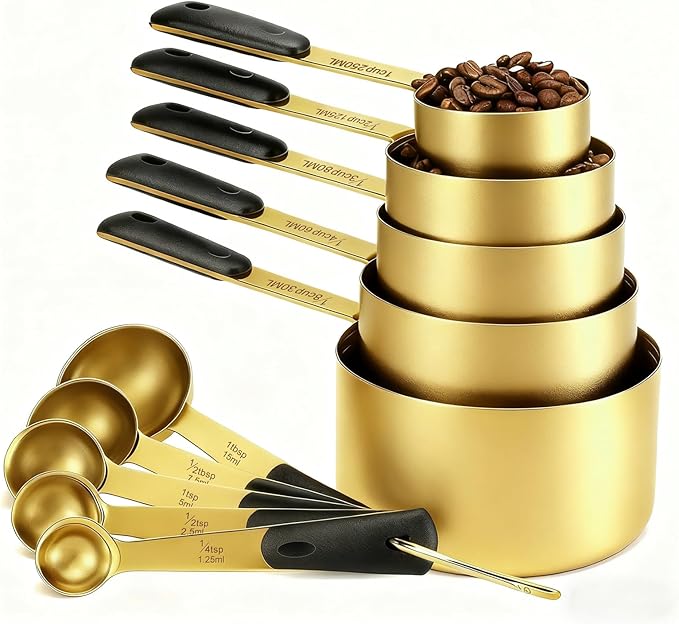 Measuring Cups and Spoons Set, R Gold Plated Stainless Steel 10 Piece for Cooking and Baking (5 Cups + 5 Spoons Gold)
