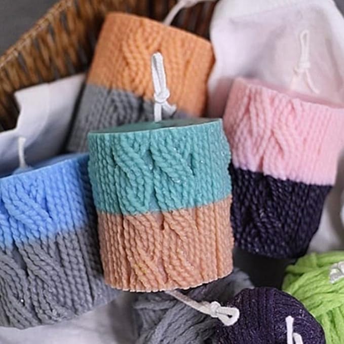 Lines Cylinder Candle Mold 3D Knitting Wool Pillar Silicone Candle Mould Fondant Chocolate Cake Tool for Handmade Soap, Polymer Clay