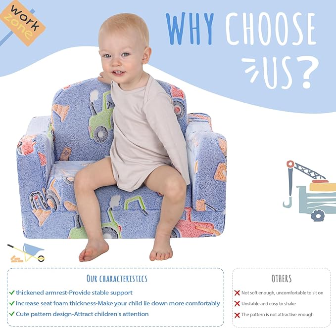 Thick Comfy Toddler Chair and Couch for Kids,2-in-1 Soft Plush Fold Out Sofa for Children,Convertible Couch to Lounger for Toddler
