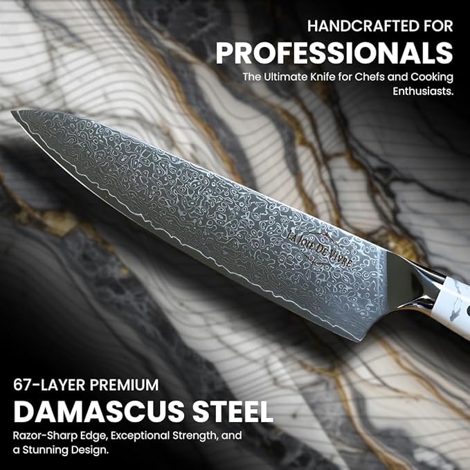 VG-10 Damascus Chef Knife – 8 Inch Japanese Kitchen Knife with 67-Layer Steel, Ultra-Sharp Blade, Ergonomic White Turquoise Handle, Gift Box Included