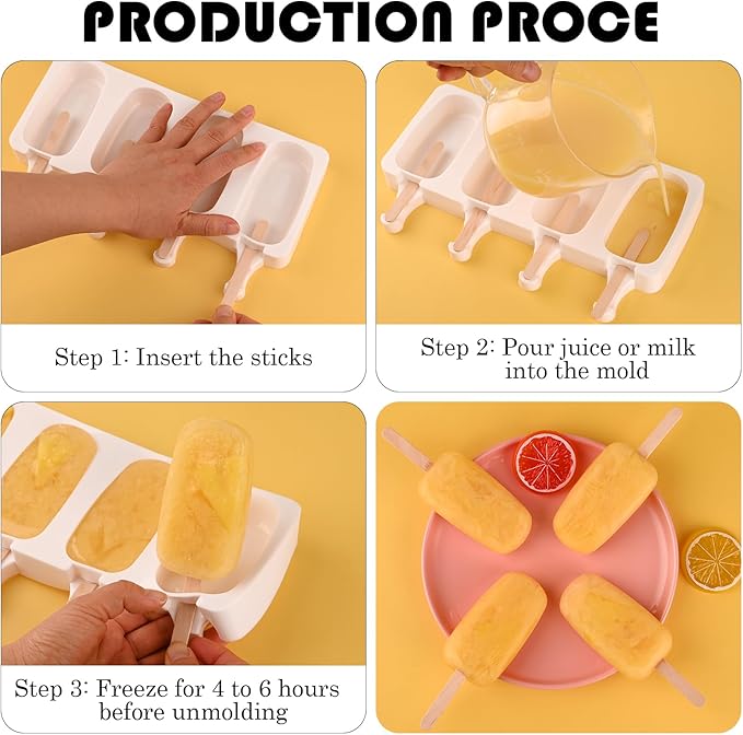 Sakolla Large Silicone Popsicle Molds Set of 3, Oval 4 Cavities Homemade Ice Pop Molds with 150 Wooden Sticks for Ice Cream, Cakesicles, Cake Pop (White)