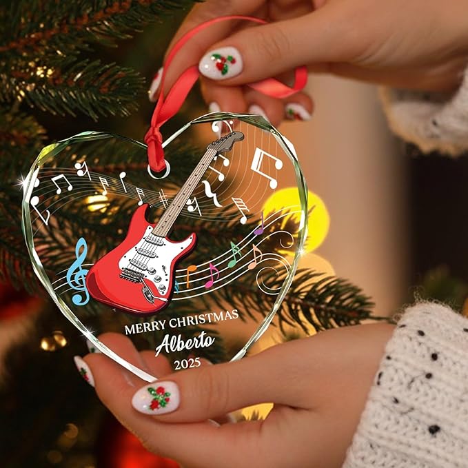 Customized Year Text Name Guitar Bass Lover Glass Ornament, Personalized Guitar Bass Christmas Ornaments Gift for Friends Coworker Besties Daughter Son, Novelty Instrument Glass Christmas Ornament