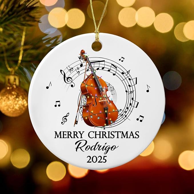 Unique Contrabass Instrument Ceramic Ornament, Customized Text Year Name Contrabassist Ornaments Gift for Women Men Contrabass Player/Lover, Personalized Double Bassist Musical Ceramic Xmas Ornament