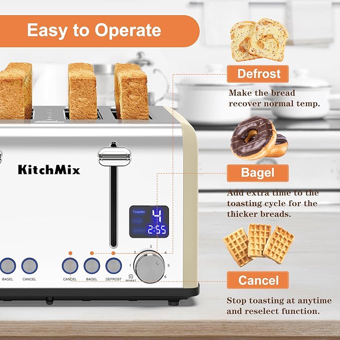 Toaster 4 Slice, KitchMix Bagel Stainless Toaster with LCD Timer, Extra Wide Slots, Dual Screen, Removal Crumb Tray (Cream)