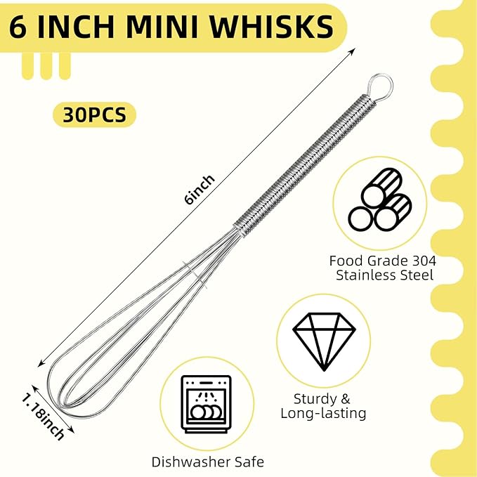 Baderke 30 Pcs 6 Inch Mini Whisk Bulk Small Whisks for Cooking 304 Stainless Steel Tiny Whisk for Baking, Whipping, Beating Eggs, Mixing Sauces, Blending Ingredients