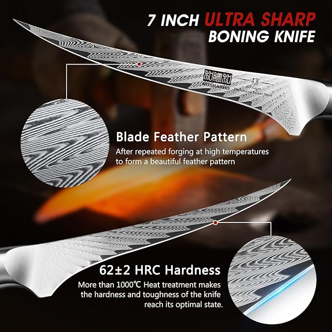 HOSHANHO Fillet Knife 7 Inch, Damascus Steel Boning Knife, Professional Fish Fillet Knife for Meat Chicken Cutting, Meat Knife with G10 Ergonomic Handle
