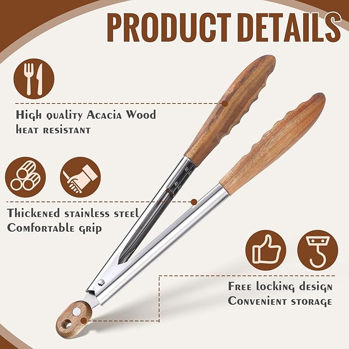 Baderke 1 Pcs Kitchen Tongs for Cooking Wooden Utensil Set Salad Tongs with Wood Tips for Serving Salad Flipping Burgers Grilling and Much More (11.4 Inch,Acacia Wooden)