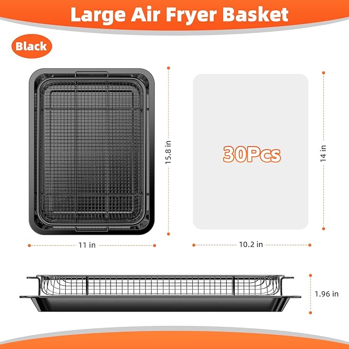Air Fryer Pans for Oven, Oven Air Fryer Basket and Tray with 30 PCS Parchment Papers, DEGOVIN Crisper Tray Non-stick Stainless Steel Air Fry Pans for Convection Oven(15.8" × 11"-Black)