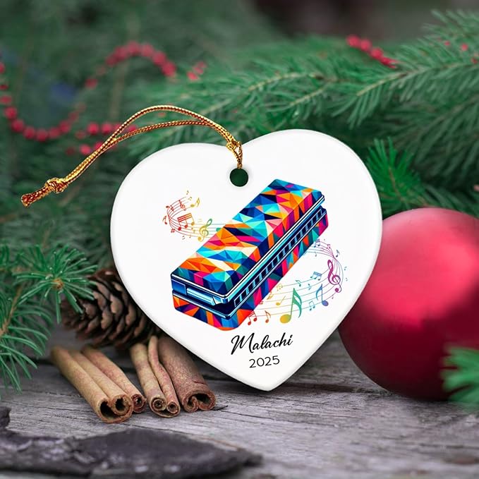 Harmonica Xmas Ceramic Ornaments 2025, Personalized Name & Year Harmonica Musical Ornament Gifts for Music Lovers, Instrumentalist Christmas Ceramic Ornaments Tree, Custom Musician Keepsake Ornament