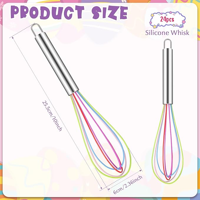 Domensi 24 Pcs 10 Inch Whisks Bulk for Cooking Silicone Whisks Non Scratch Stainless Steel Egg Beater Colorful Coated Metal Heat Resistant Egg Beaters for Mothers Day Party Favor Gift Supplies
