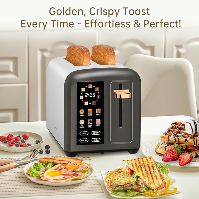 SEEDEEM Toaster 2 Slice, Real Touch Screen with LCD Display, Single-Slice Function, Stainless Steel Toaster, 50% Faster Heating, 1.5" Wide Slots, Removable Crumb Tray, 1350W, Dark Metallic