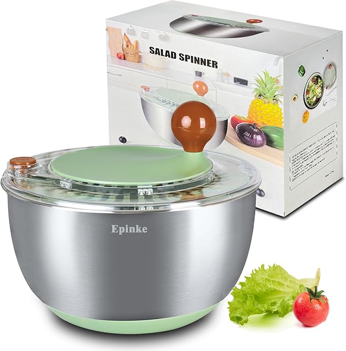5.3Qt Stainless Steel Salad Spinner with Stop Button, Vegetable Dryer Spinner, Salad Spinner Stainless Steel with Drain, Non-Slip Base, Dishwasher Safe