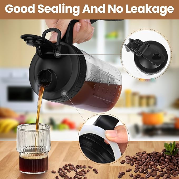 Cold Brew Coffee Maker,32 Oz Mason Jar Pitcher with Stainless Steel Filter, Pour Spout Handle Lid, Heavy Duty Glass Airtight & Leak-Proof Pitcher for iced coffee Tea Breastmilk Lemonade-Black