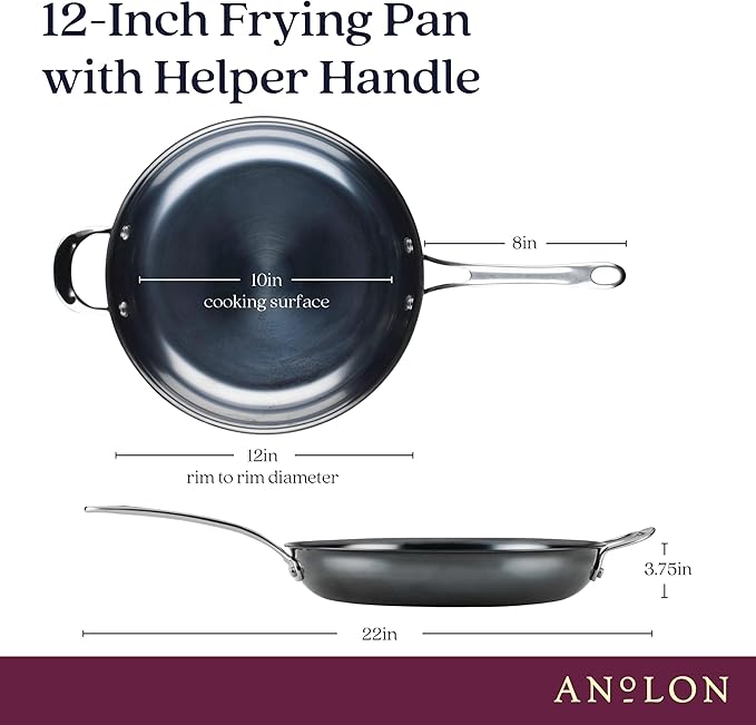 Anolon Everlast N2 Carbon Steel Frying Pan/Skillet with Helper Handle Compatible with All Cooktops, Metal Utensil Safe, 12 Inch - Black
