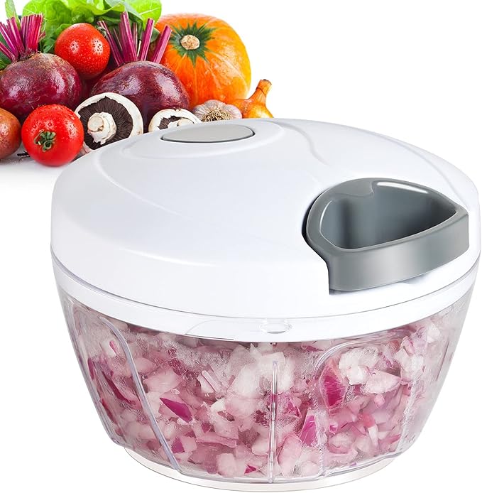Ourokhome Manual Food Processor Vegetable Chopper, Portable Hand Pull String Garlic Mincer Onion Cutter for Veggies, Ginger, Fruits, Nuts, Herbs, etc., 500ml, White